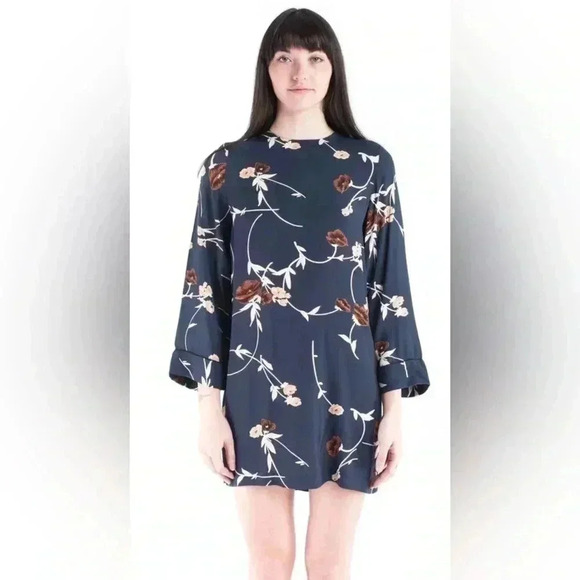Ganni Dalton Shift Dress in Navy Blue Floral Crepe Long Sleeve Mini - Picture 1 of 16